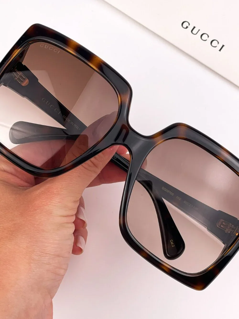 GUCCI GG0876S 002 HAVANA GOLD LOGO OVERSIZED RECTANGLE SUNGLASSES